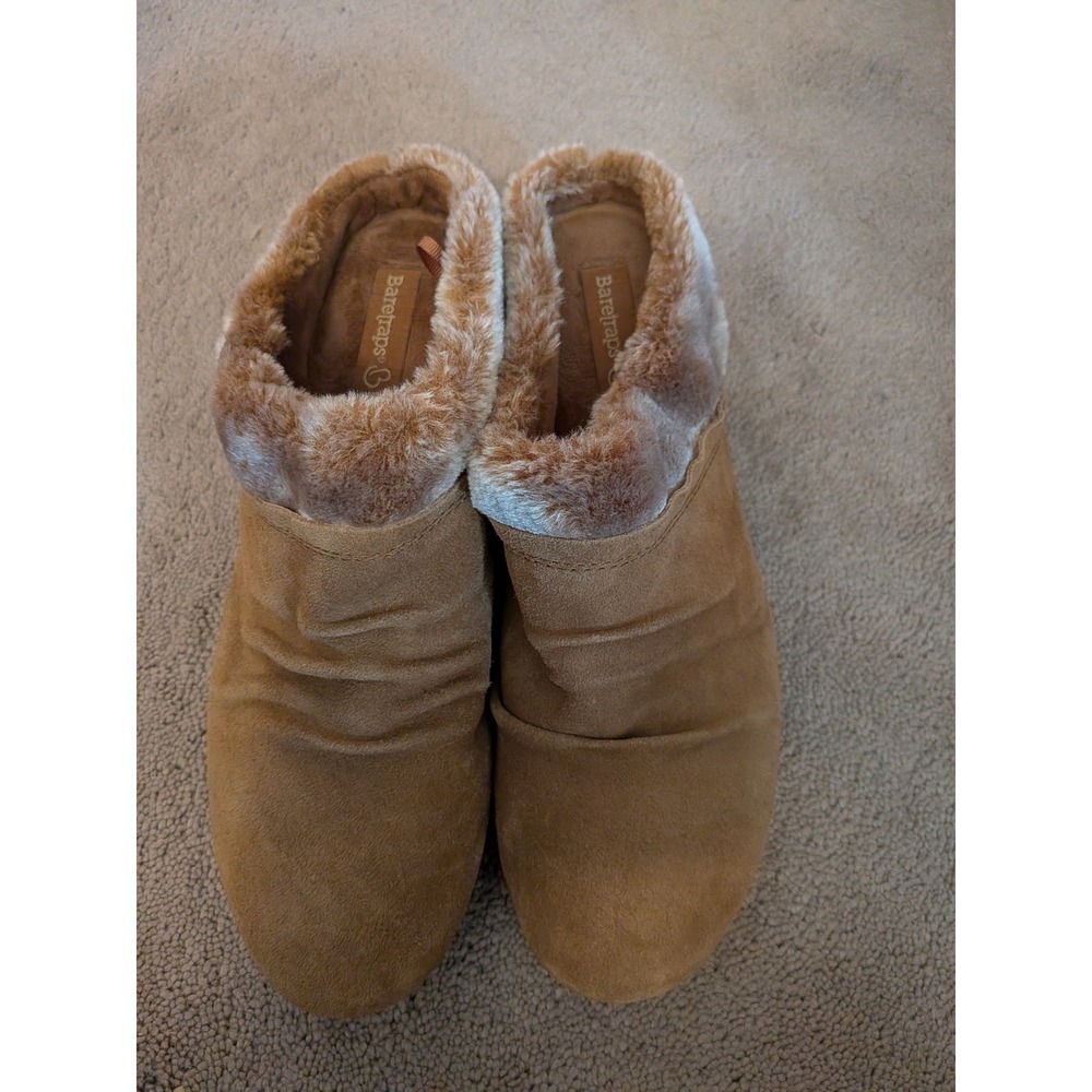 Baretraps Becker Brown Leather Faux Fur Lined Ruched Mules Womens 10M